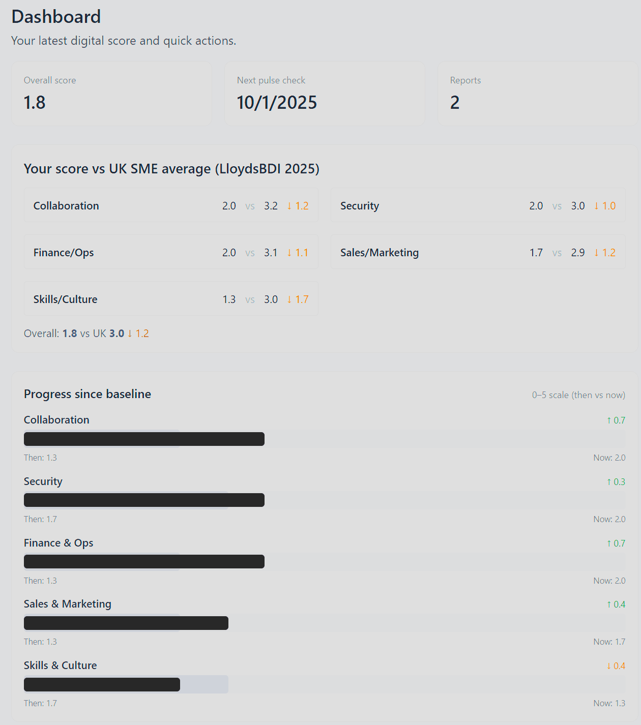 Digital Index snapshot Example SME digital score snapshot showing category scores and UK benchmark